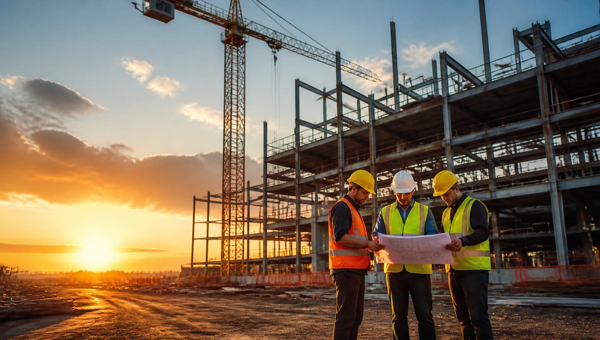 Construction professionals reviewing project drawings on a commercial job site at sunset