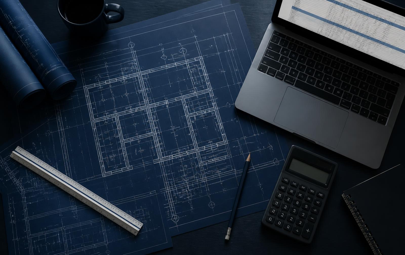 Construction Plans — Construction blueprints, scale ruler, calculator and estimating spreadsheet on a desk