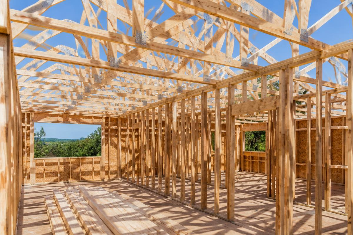 Wood stud framing and roof trusses of a new single-family home