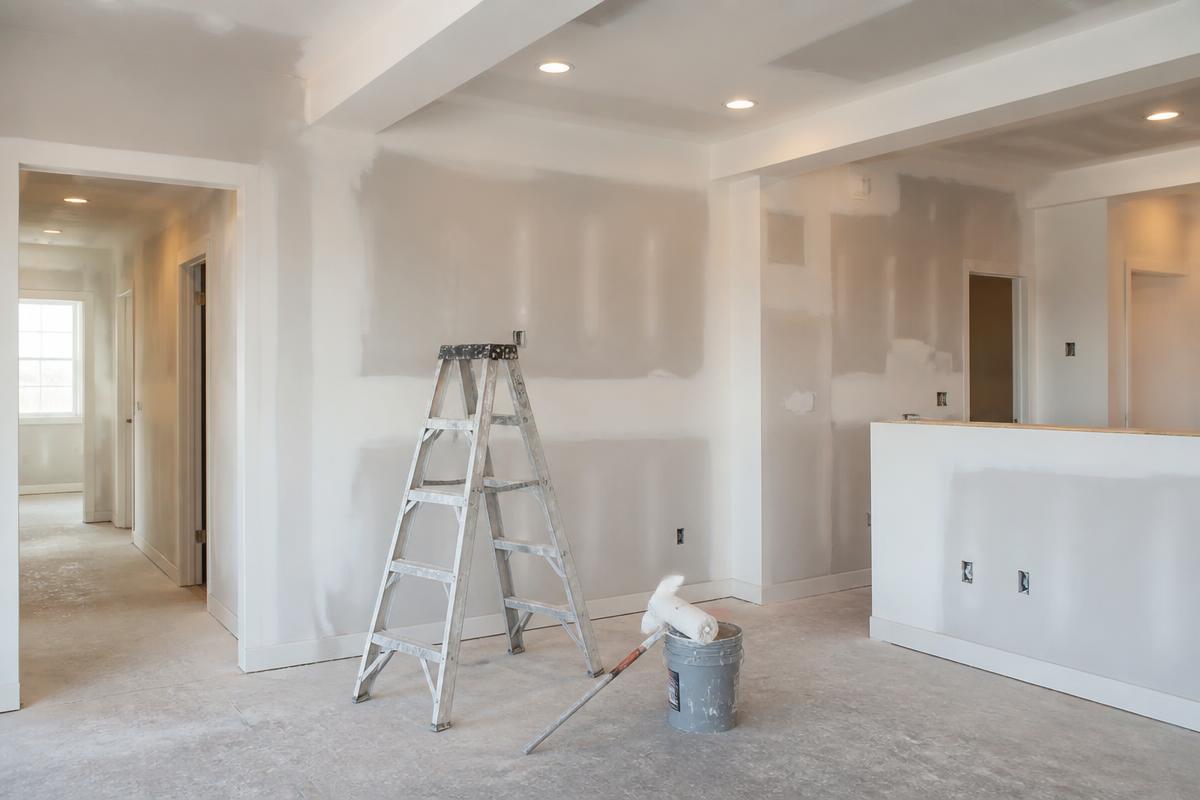 Interior drywall finishing and painting work in progress in a new residence