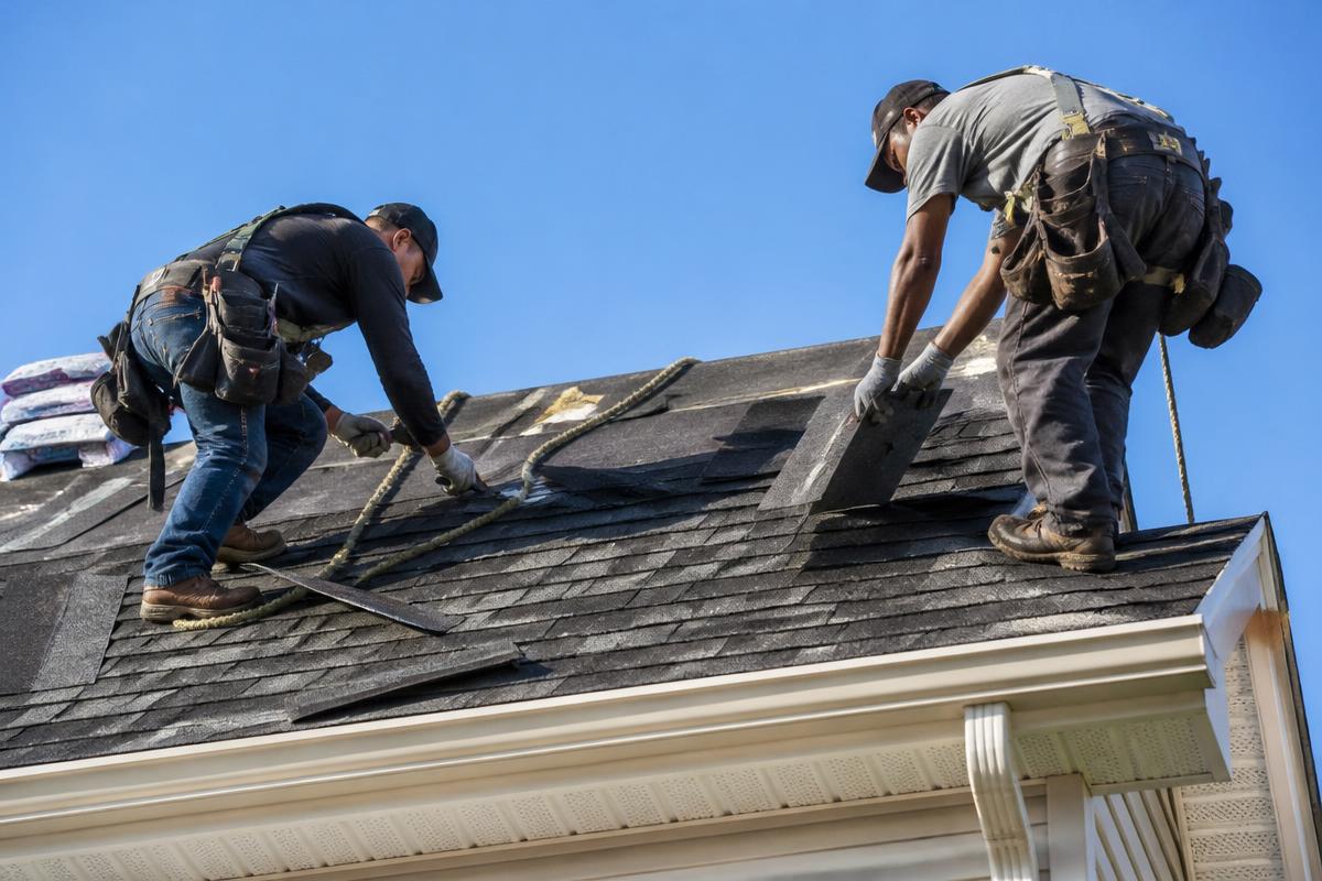 Roofing crew installing architectural asphalt shingles on a residential roof