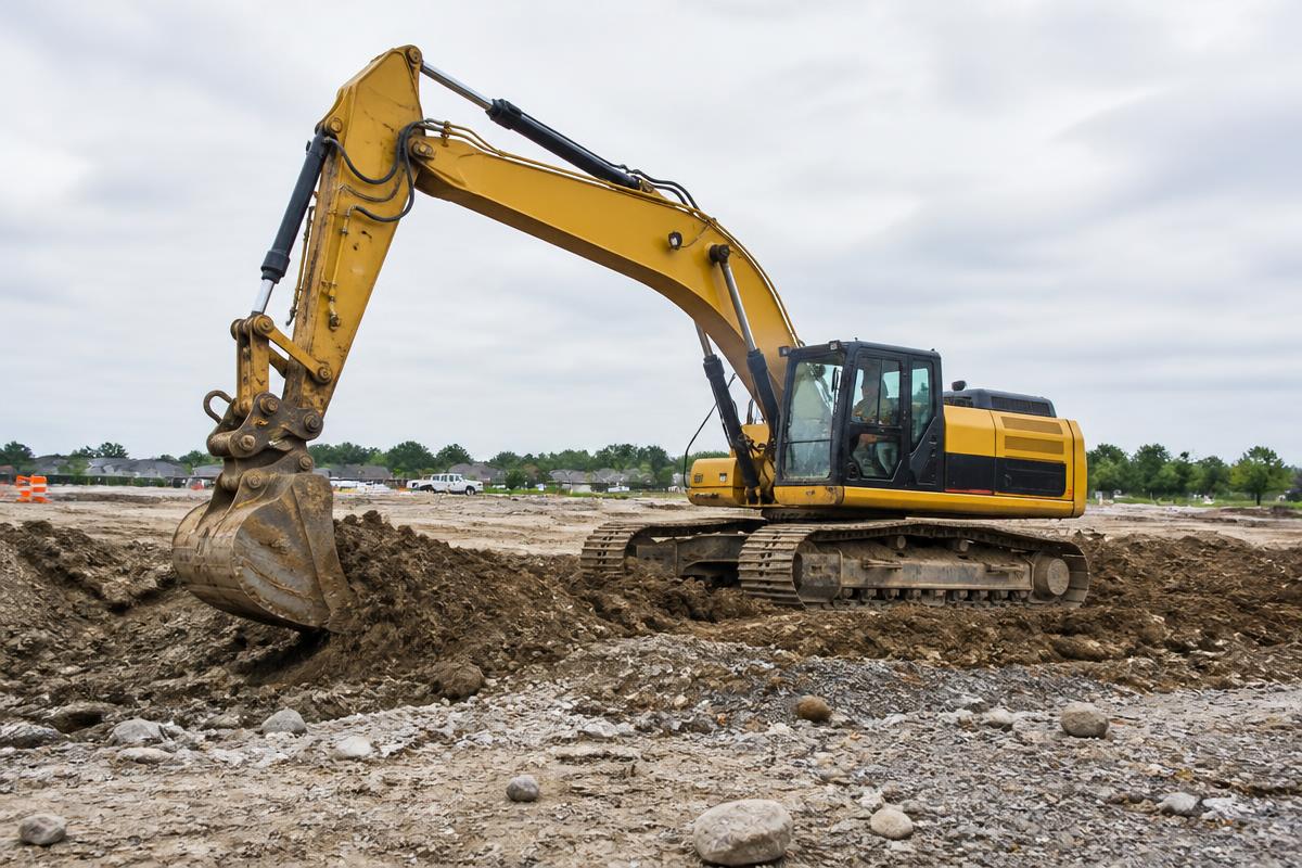 Excavator performing earthwork and grading on a construction site