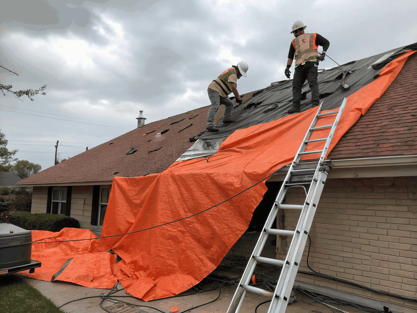 Emergency crew securing protective tarping over damaged roof