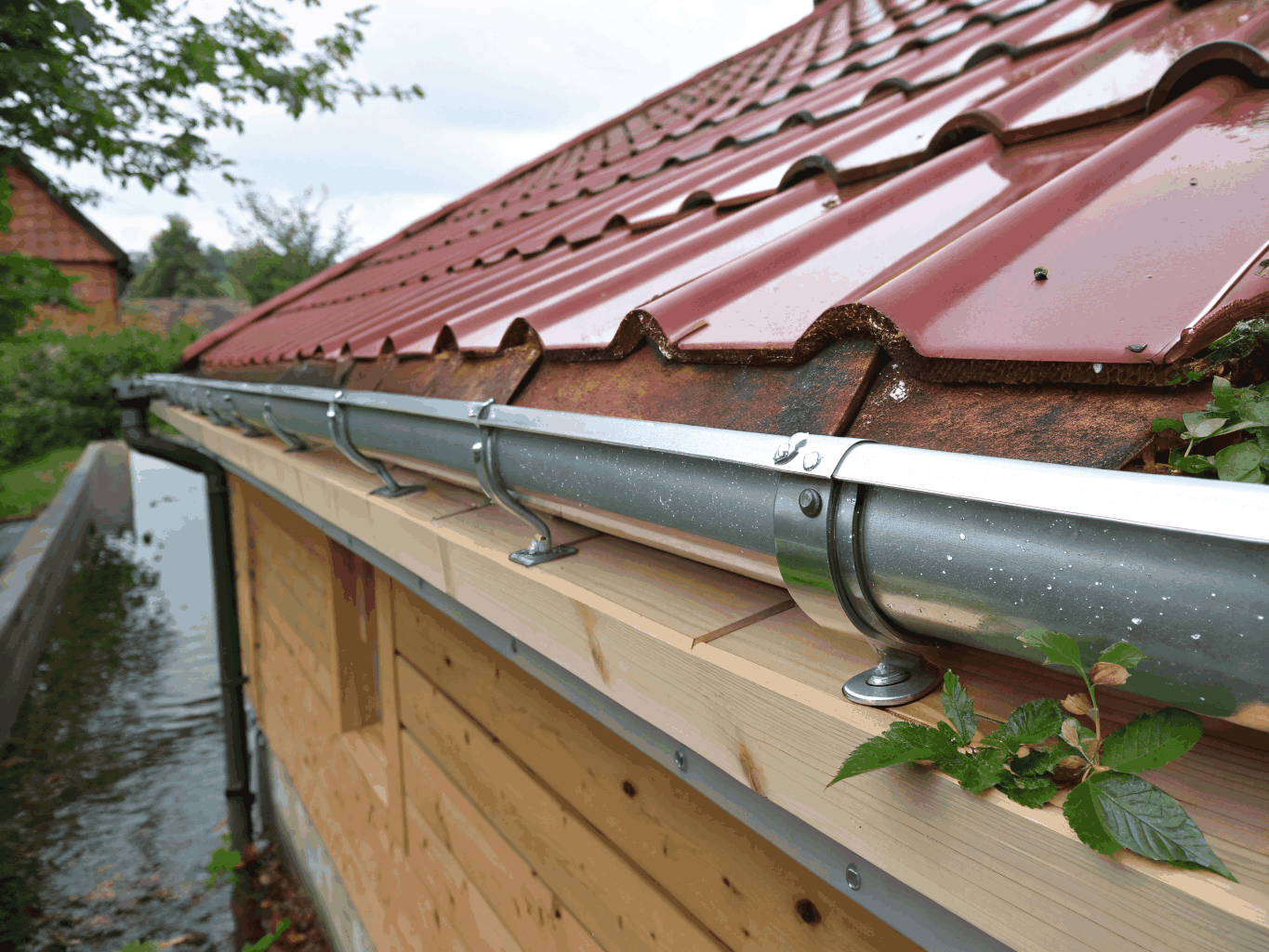 Upgraded commercial box gutters and clean metal flashing on a strip center