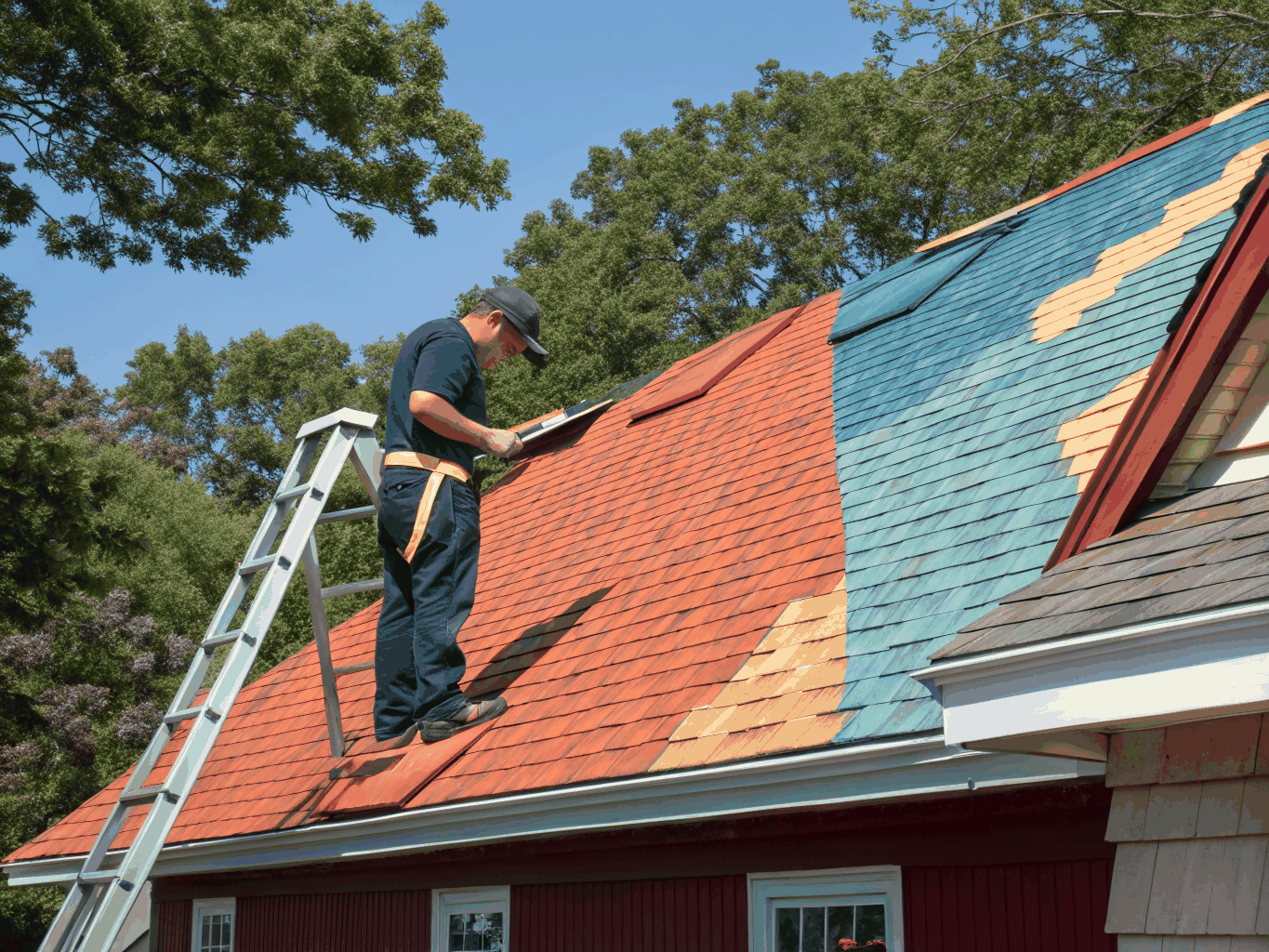 Completed architectural shingle roof on a two-story residential home