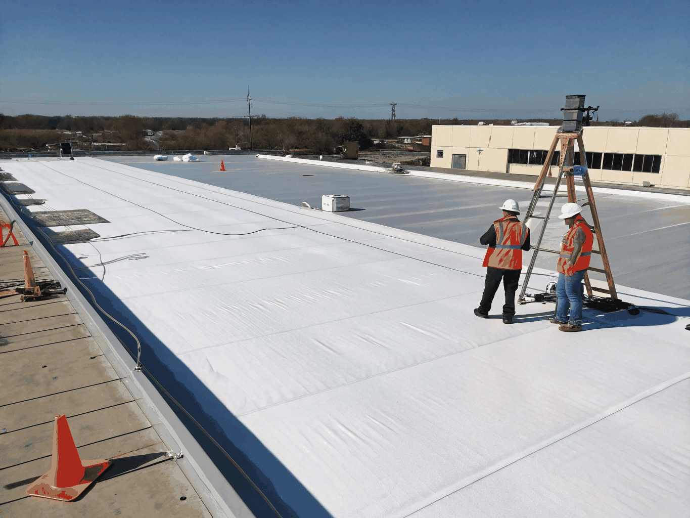 High-reflectivity cool roof membrane over multi-story office building