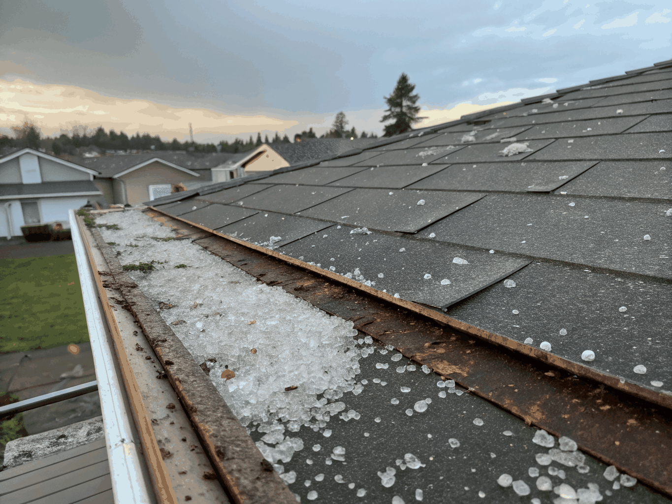 Hail-dented roof shingles and bruised underlayment before restoration