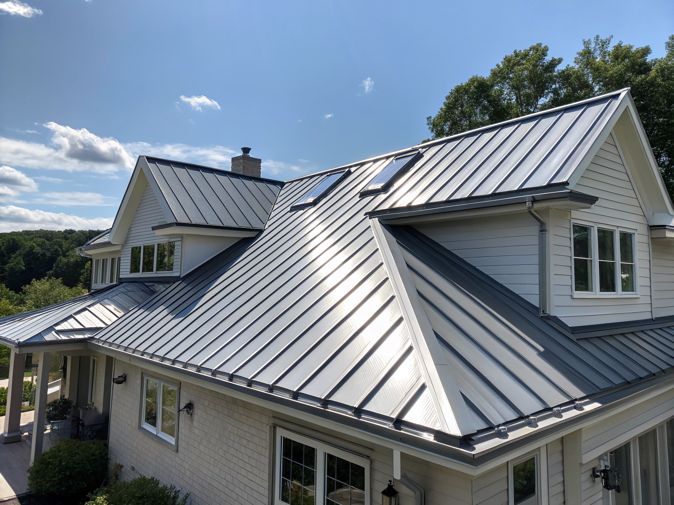 Modern charcoal standing seam metal roof on two-story home