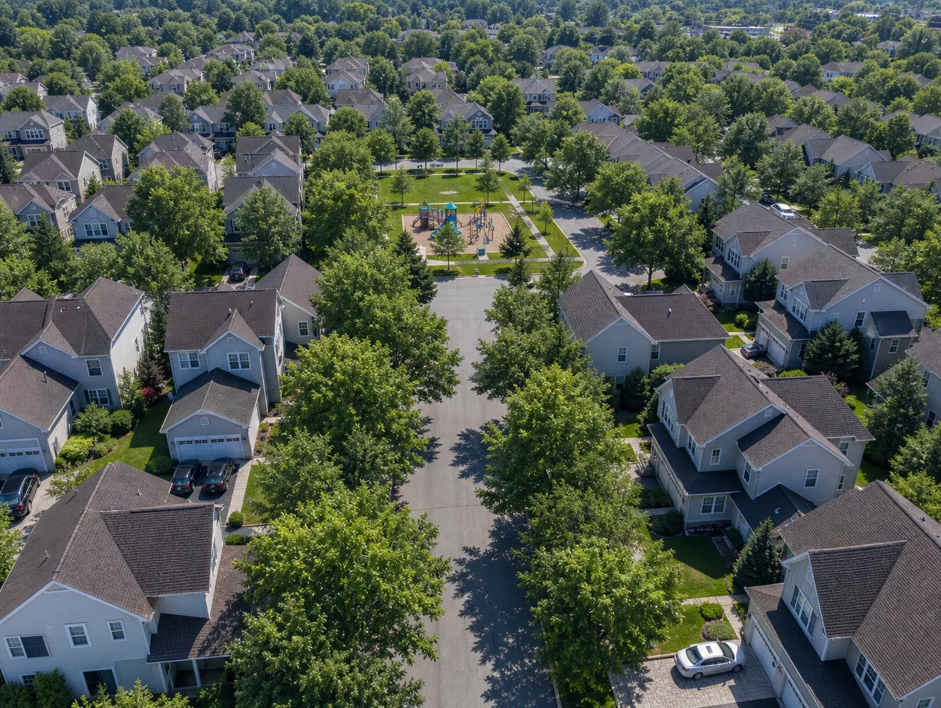 Residential neighborhood architectural roofs under daylight