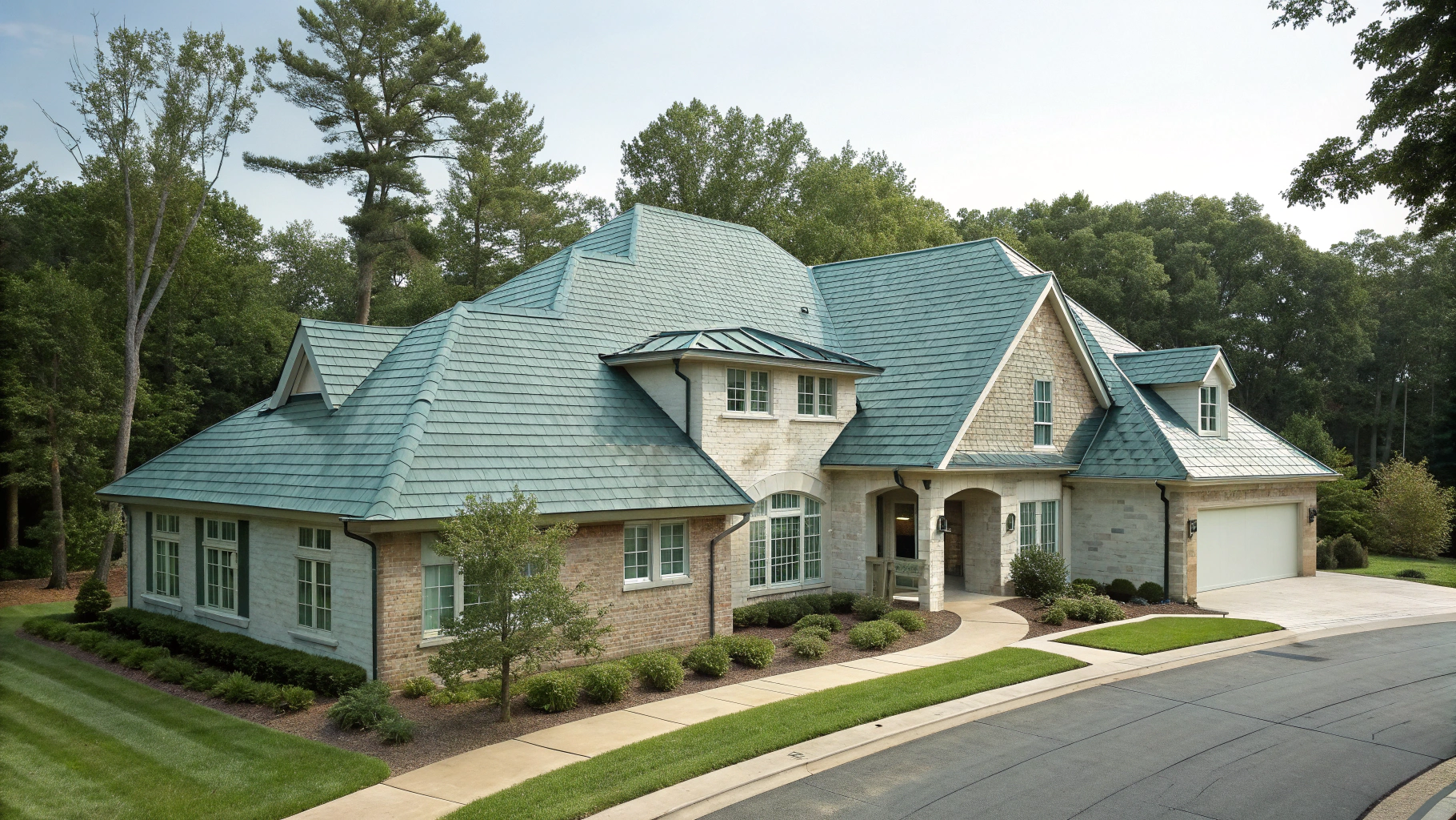 Pristine residential architectural shingle roof under clear blue daylight