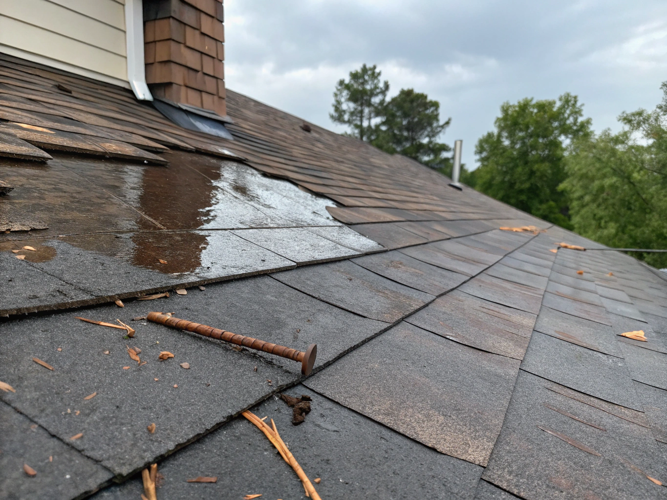 Corroded chimney flashing and water-stained roofing before repair