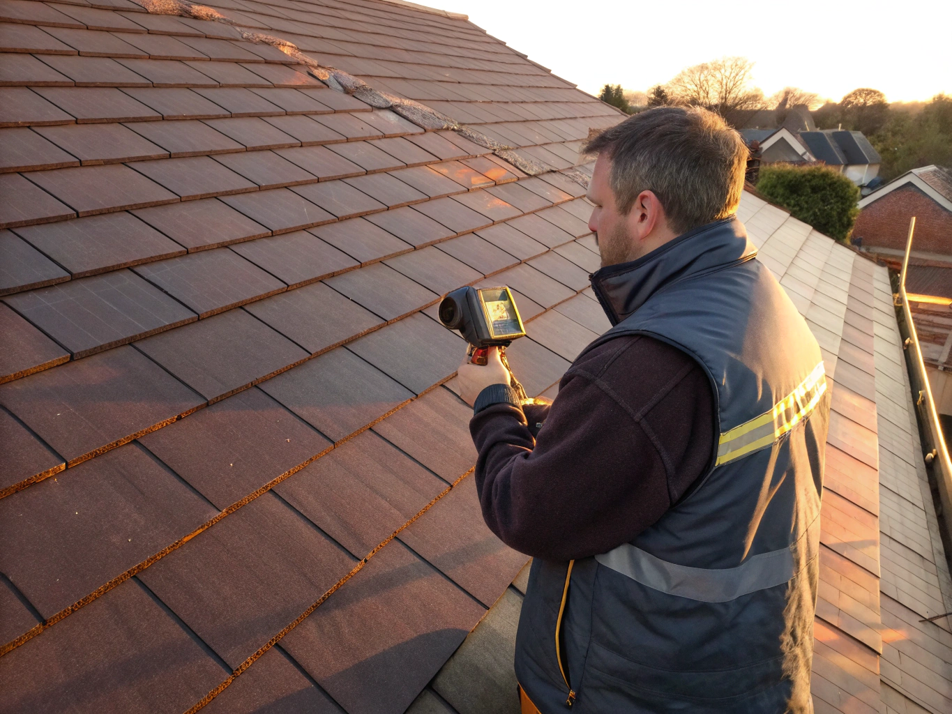 Certified roofing inspector assessing chimney flashing and shingle wear