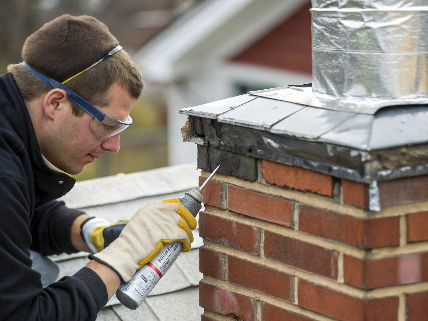 Technician sealing chimney flashing on a sloped roof