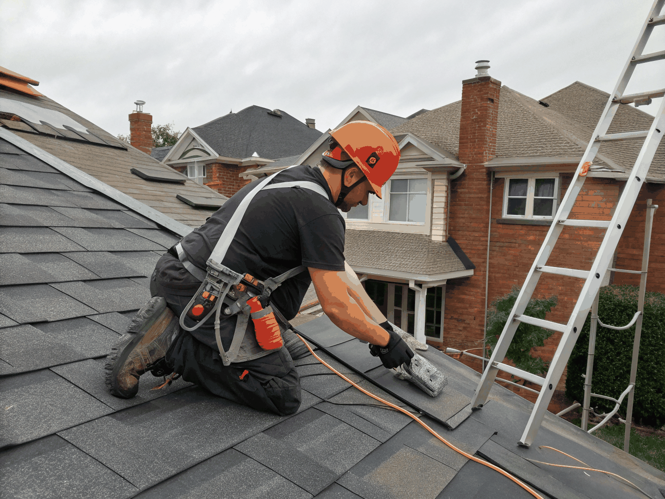 Professional roofer sealing flashing and replacing damaged roof shingles
