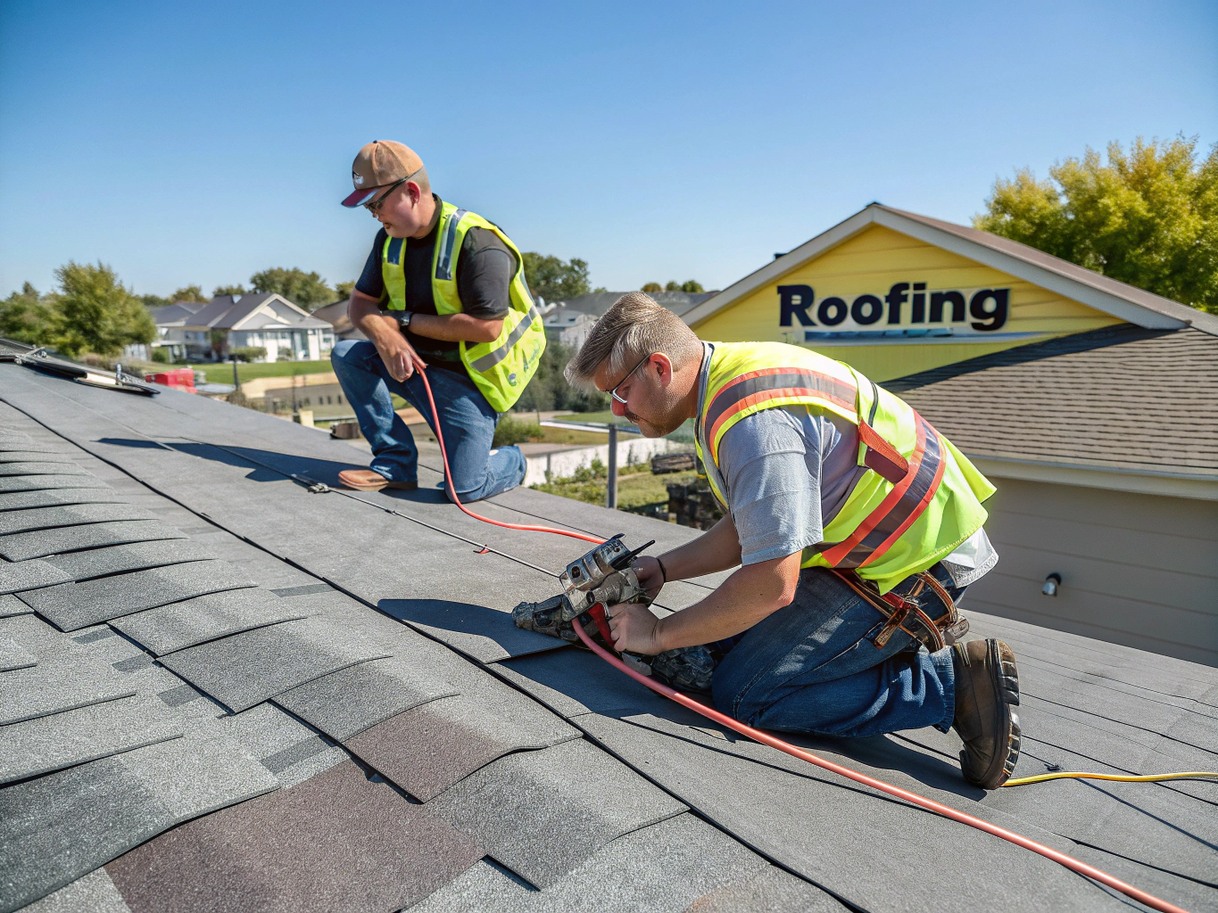 Roof replacement crew installing new architectural shingles on residential home