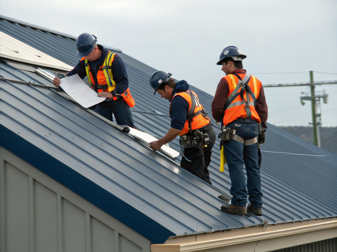 Professional roofing crew working on residential roof installation in natural daylight