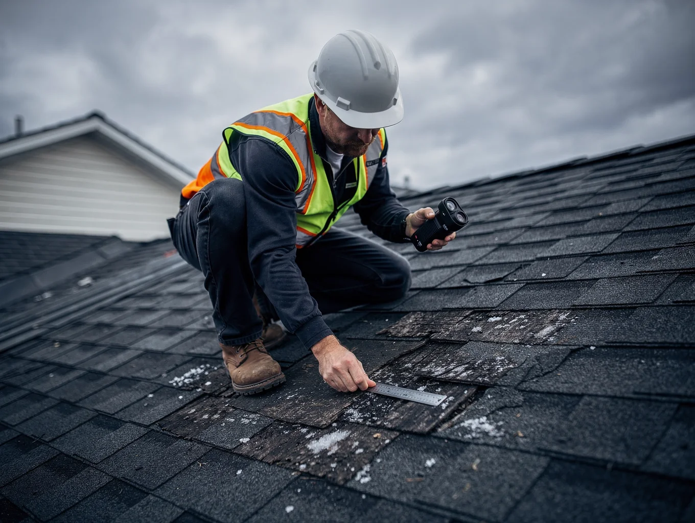 Storm damage roof inspection showing hail impact marks and wind uplift