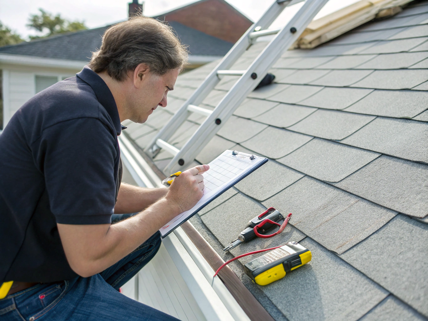 Roofing specialist assessing hail impact markings on shingles