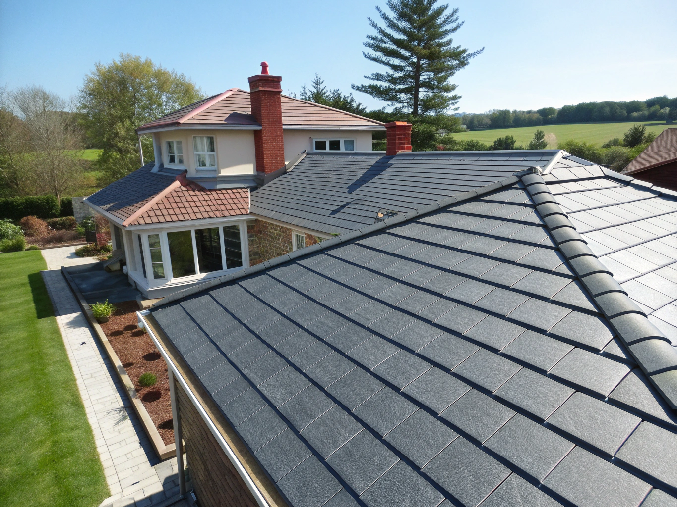 Fully rebuilt impact-resistant roof with uniform dark gray shingles